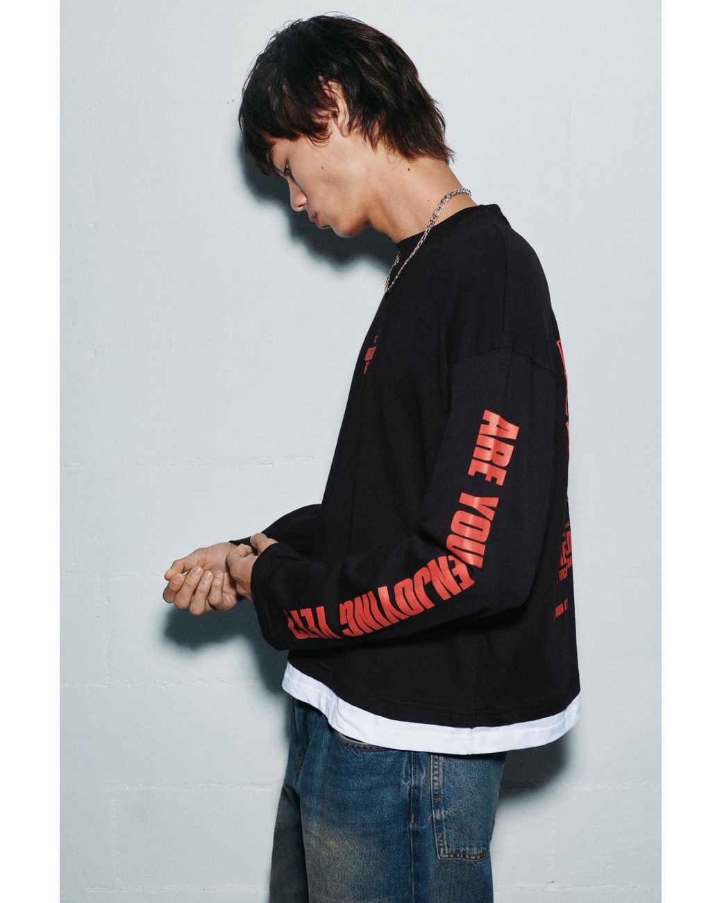 Pull&Bear Black Stwd Long Sleeve T-Shirt for men