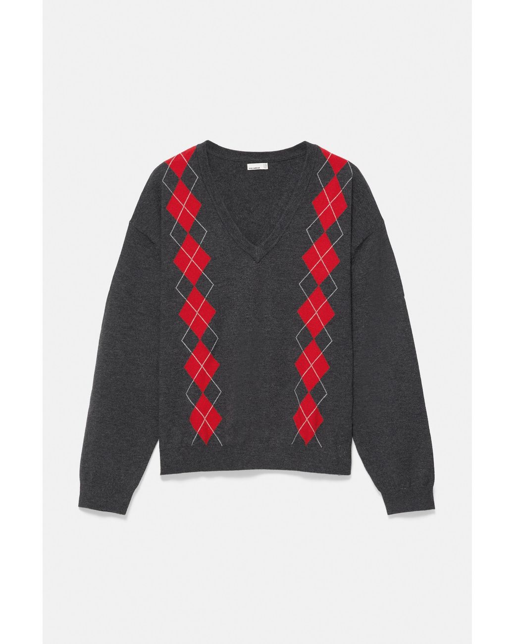 Pull&Bear Red Diamond-Pattern Jumper With V-Neck