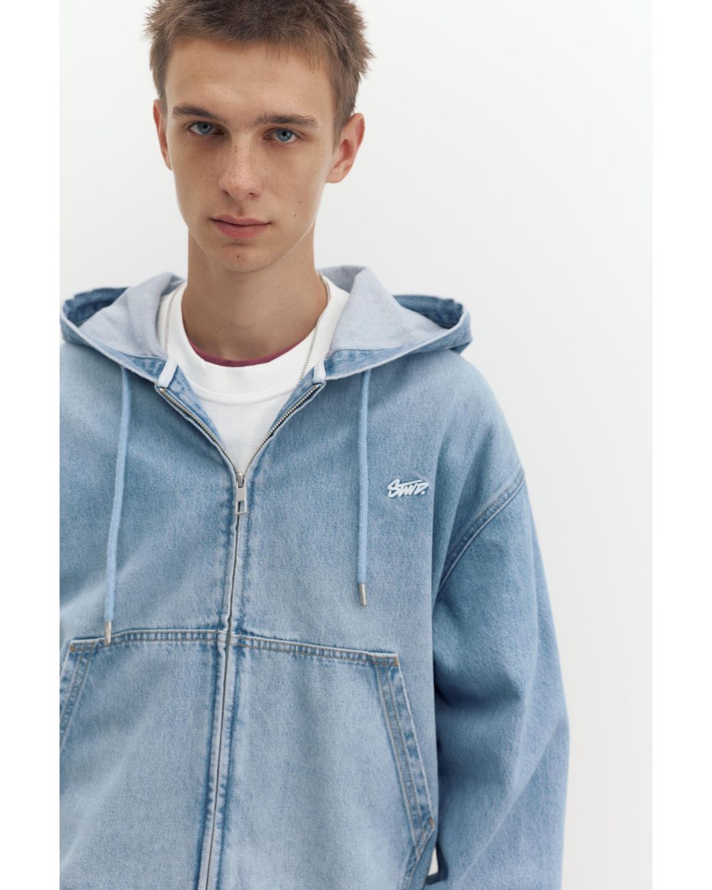 Pull&Bear Blue Stwd Hooded Zip-Up Denim Jacket for men