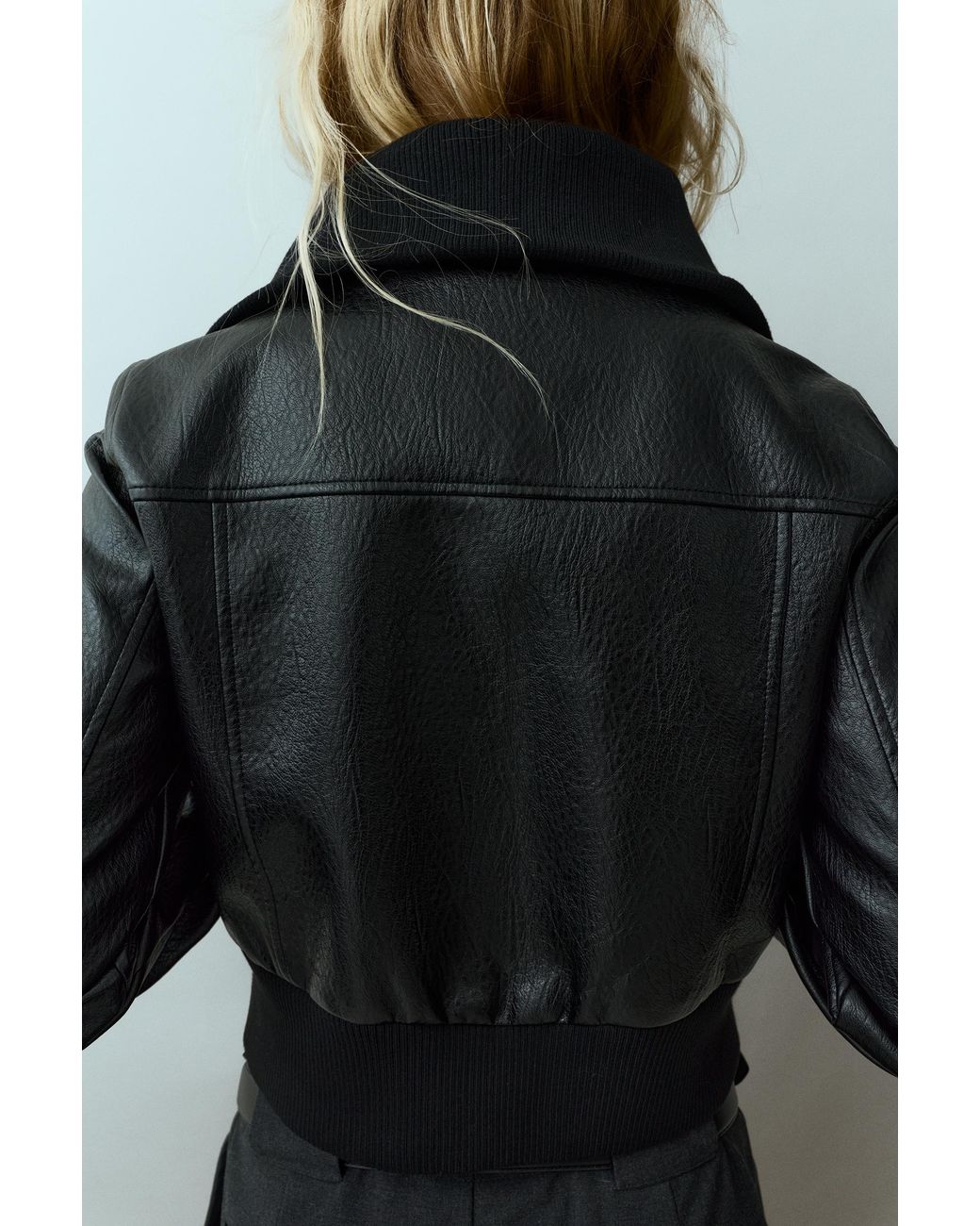 Pull&Bear Blue Leather-Effect Ribbed Jacket