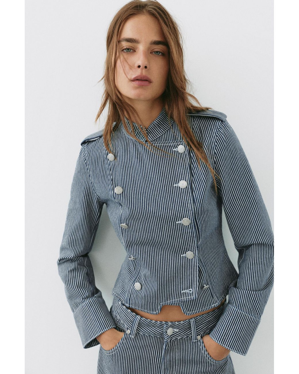 Pull&Bear Gestreept Denim Jack Met Knopen in het Gray