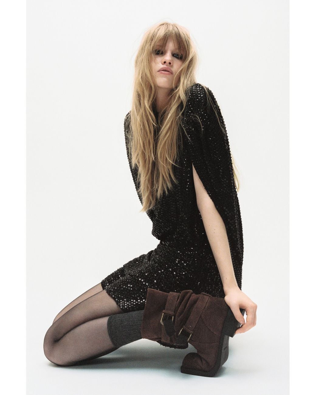 Pull&Bear Black Short Sequin Draped Dress