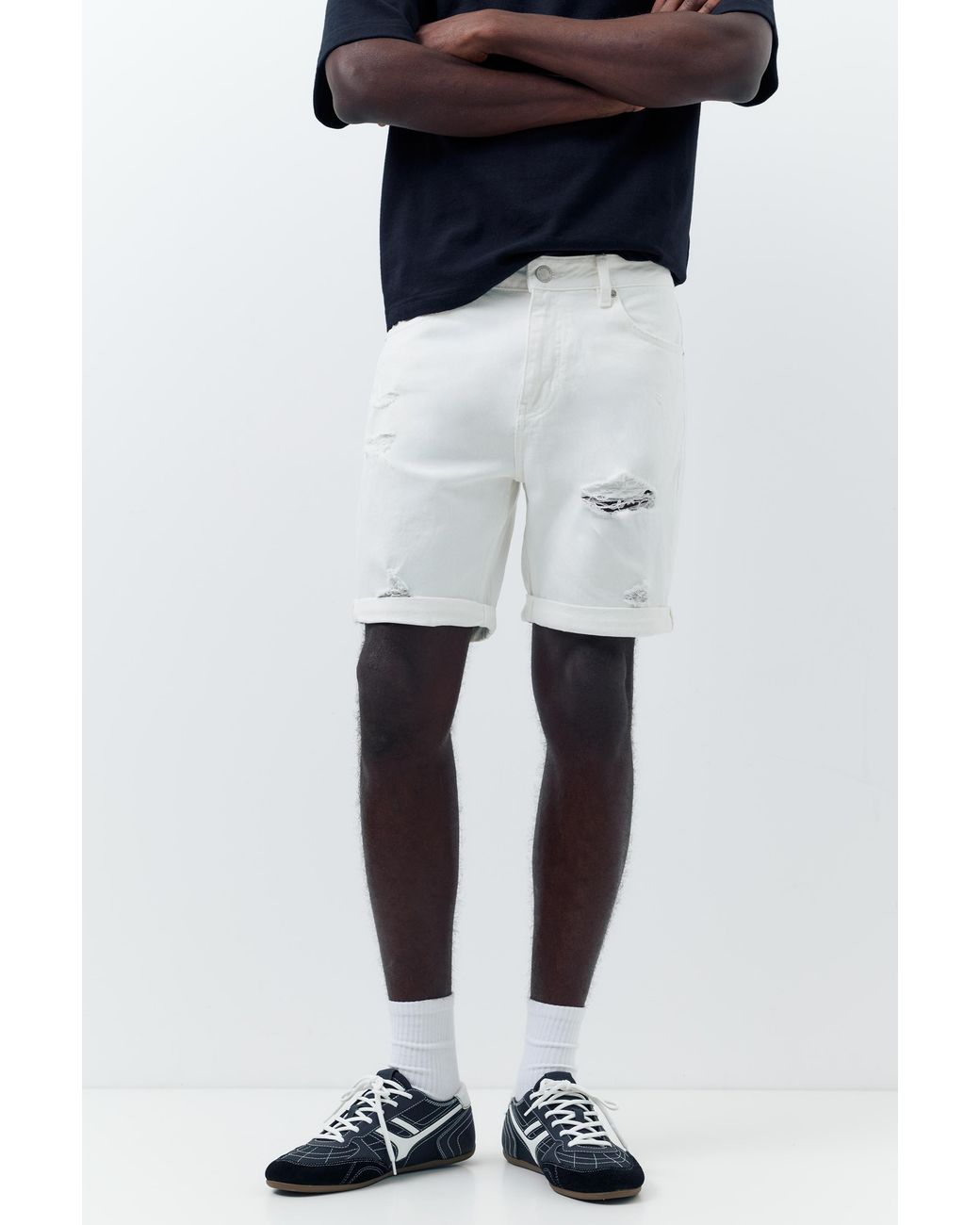 Pull&Bear Blue Ripped Denim Bermuda Shorts for men