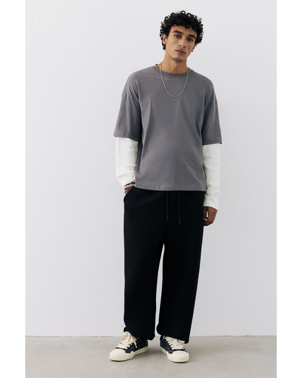 Pull&Bear Gray Double-Layer Long Sleeve T-Shirt for men
