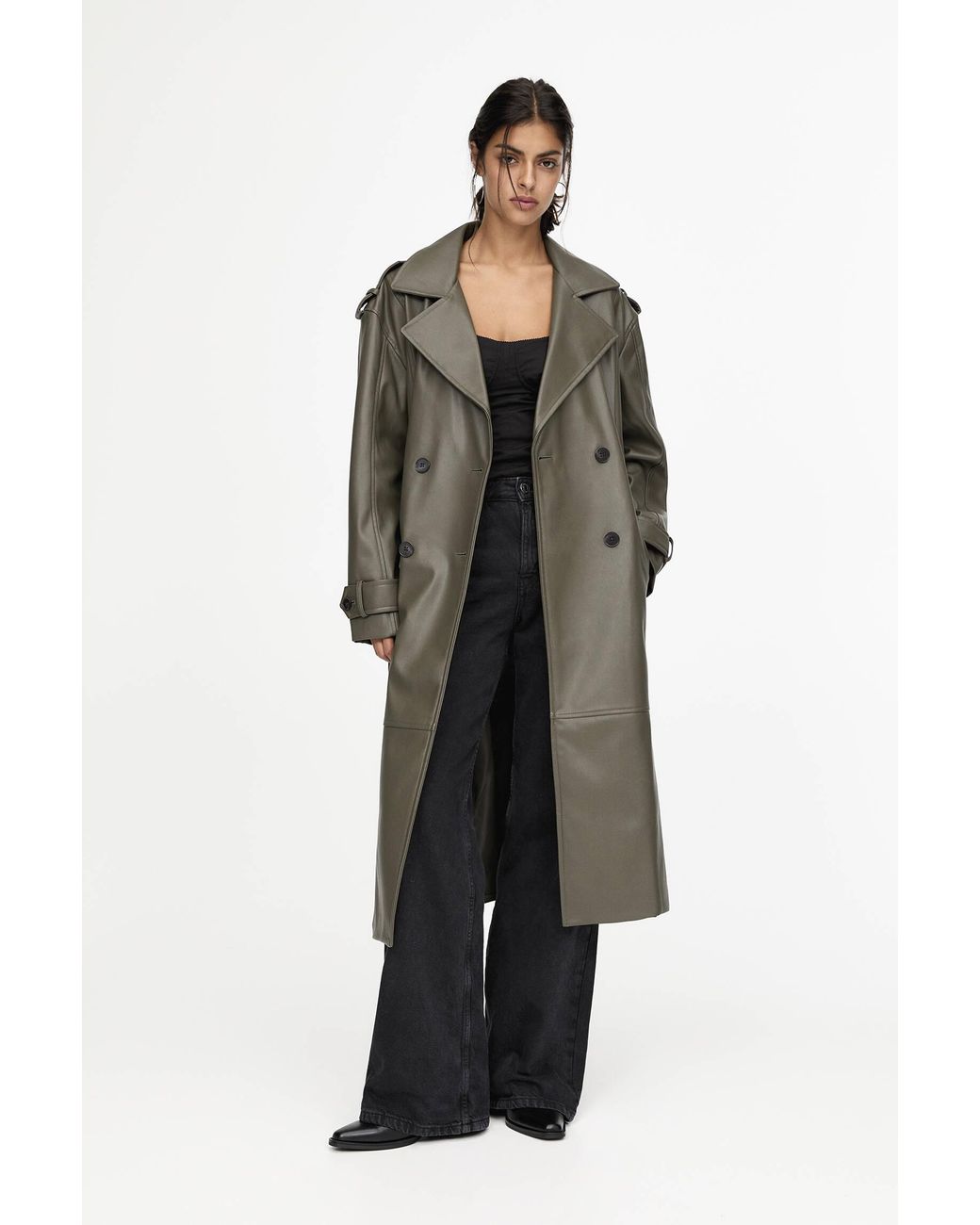 Pull&Bear Belted Faux Leather Trench Coat in Green Lyst UK