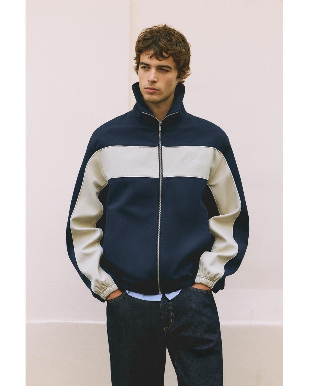 Pull&Bear Blue Zip-Up Panelled Jacket for men