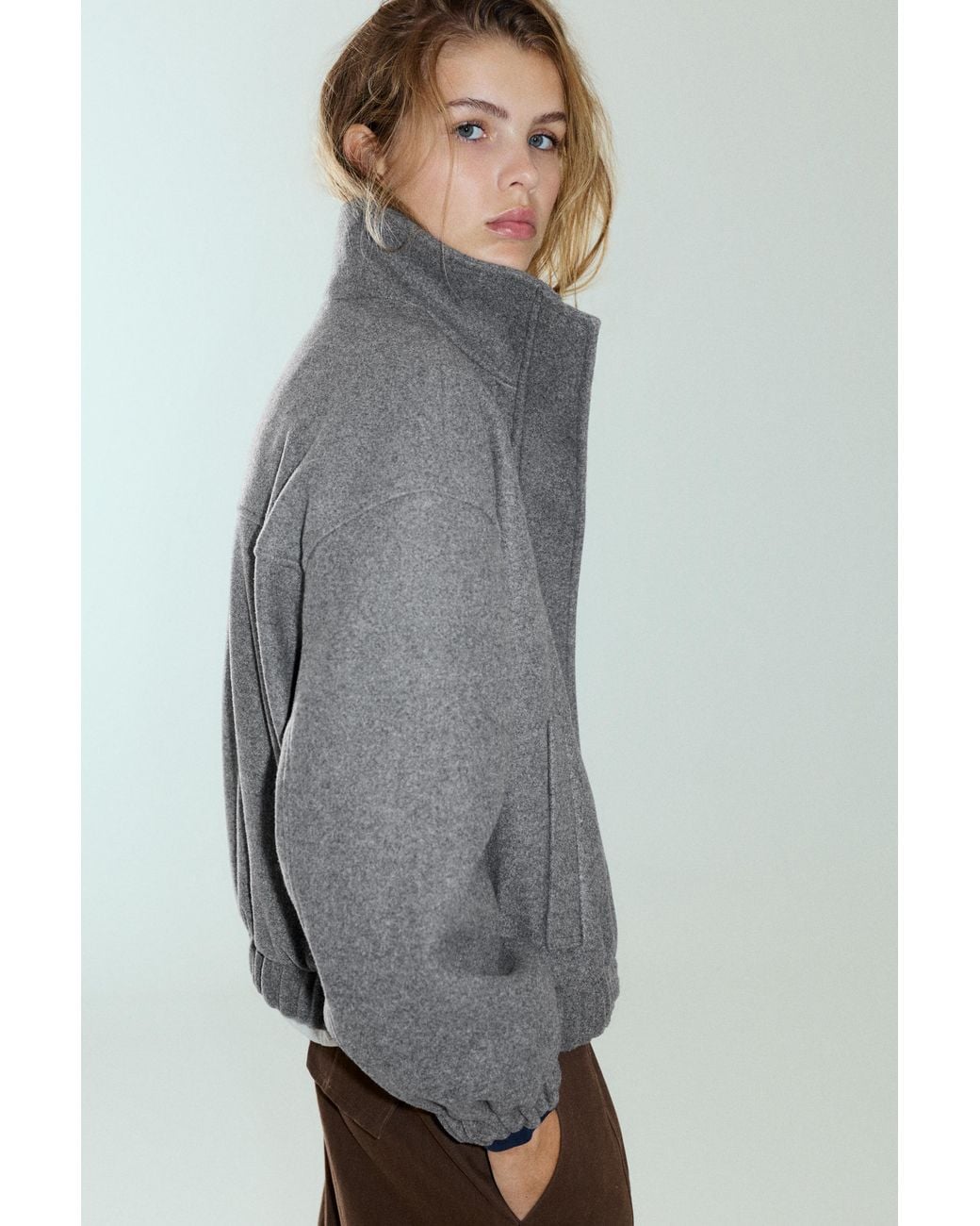 Pull&Bear Gray Cloth Bomber Jacket With A High Neck