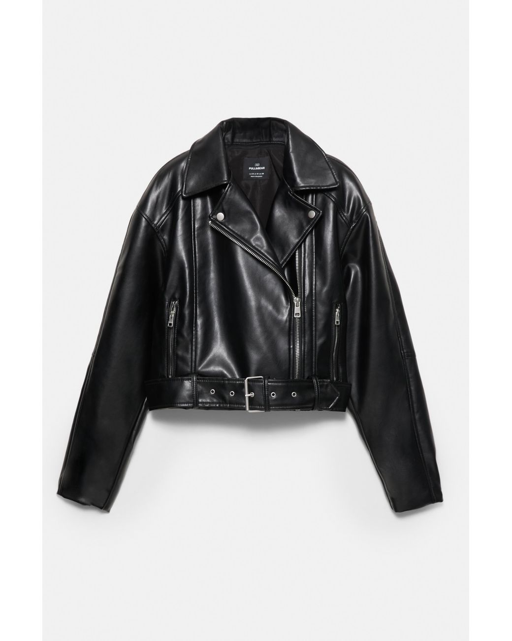 Pull&Bear Black Leather-Effect Biker Jacket