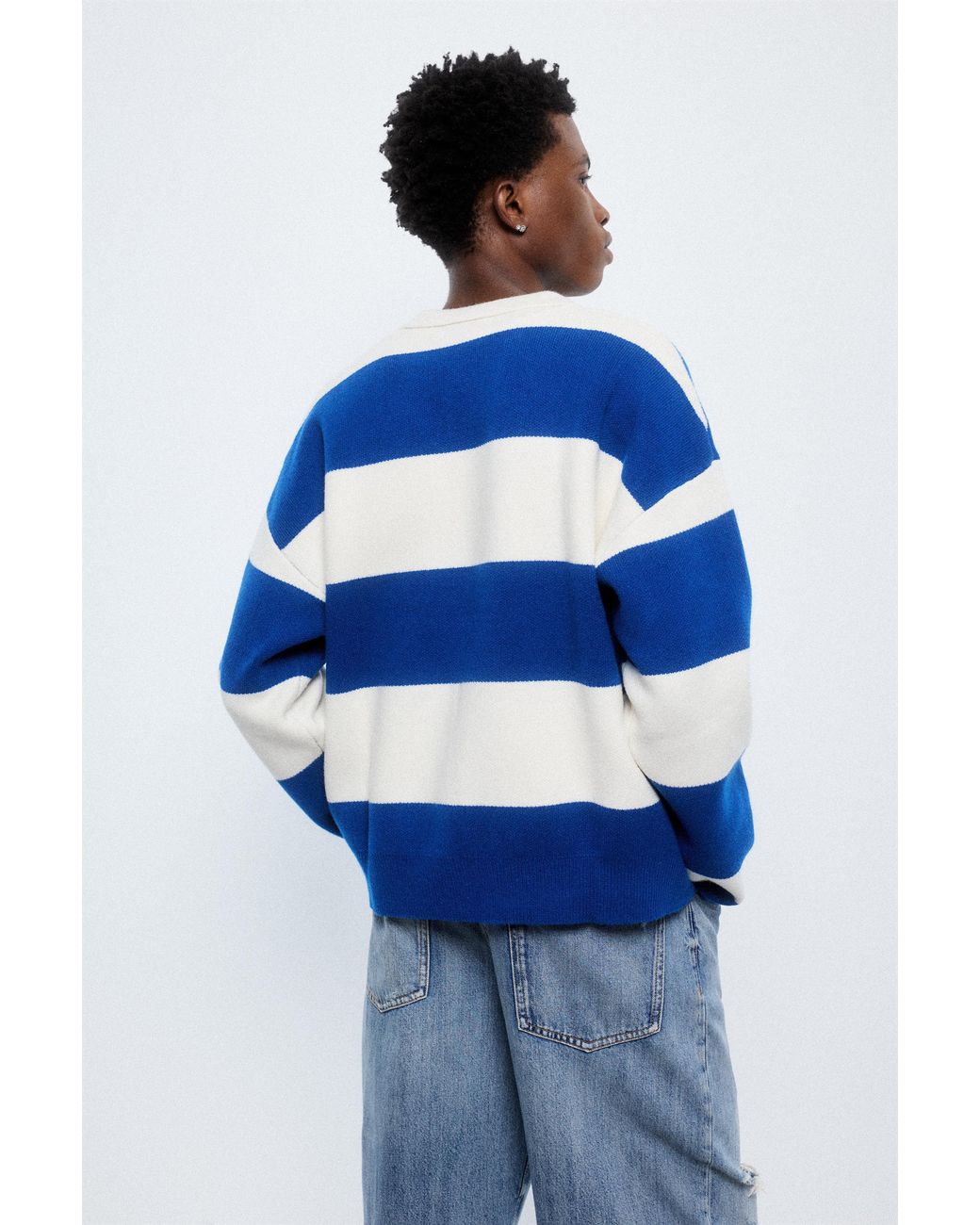 Pull&Bear Blue Long Sleeve Striped Knit Polo Shirt for men