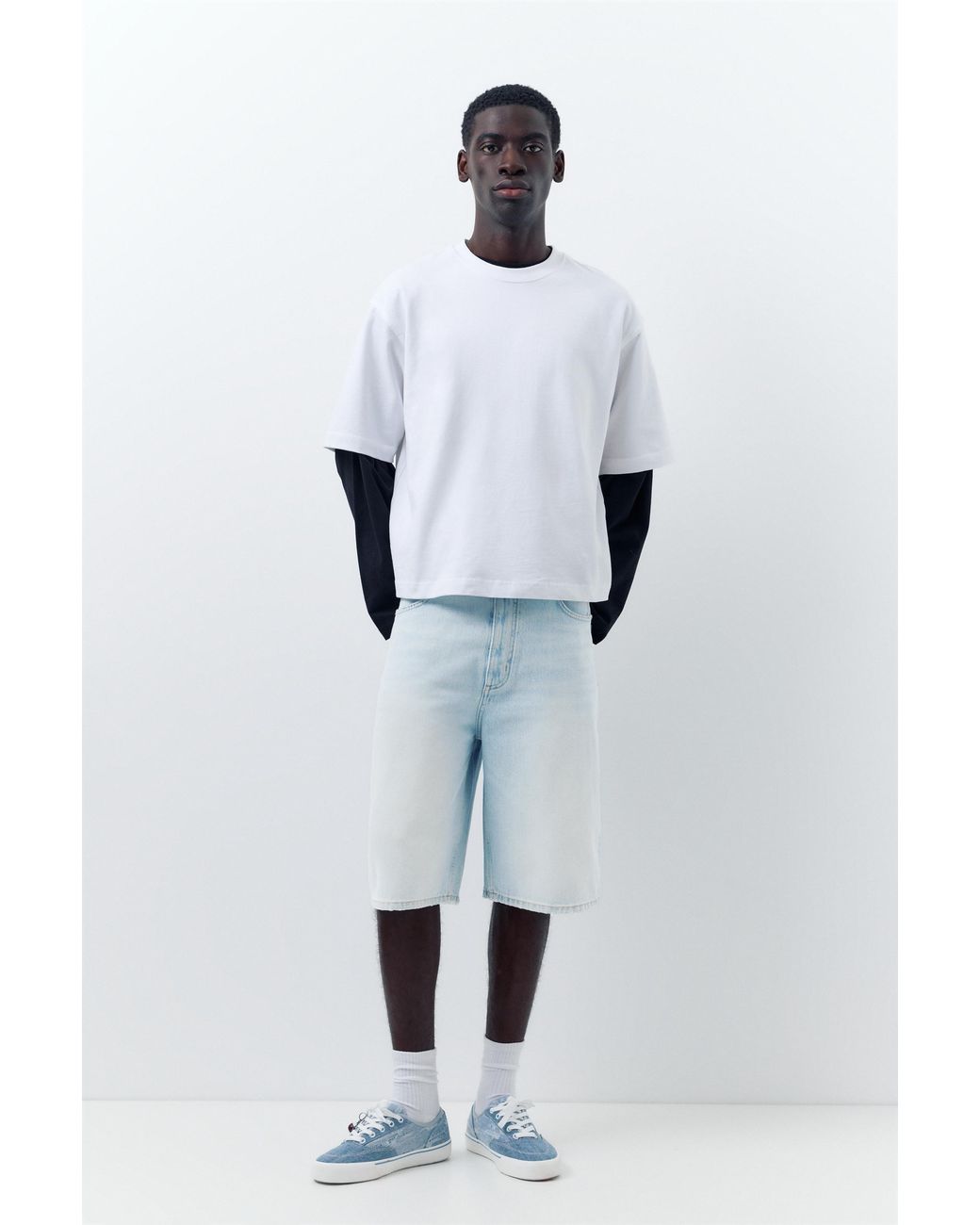 Pull&Bear Blue Skater Denim Bermuda Shorts for men