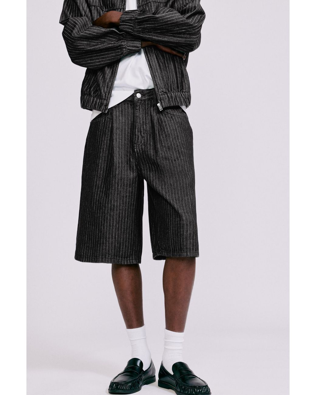 Pull&Bear Gray Pinstripe Skater Denim Bermuda Shorts for men
