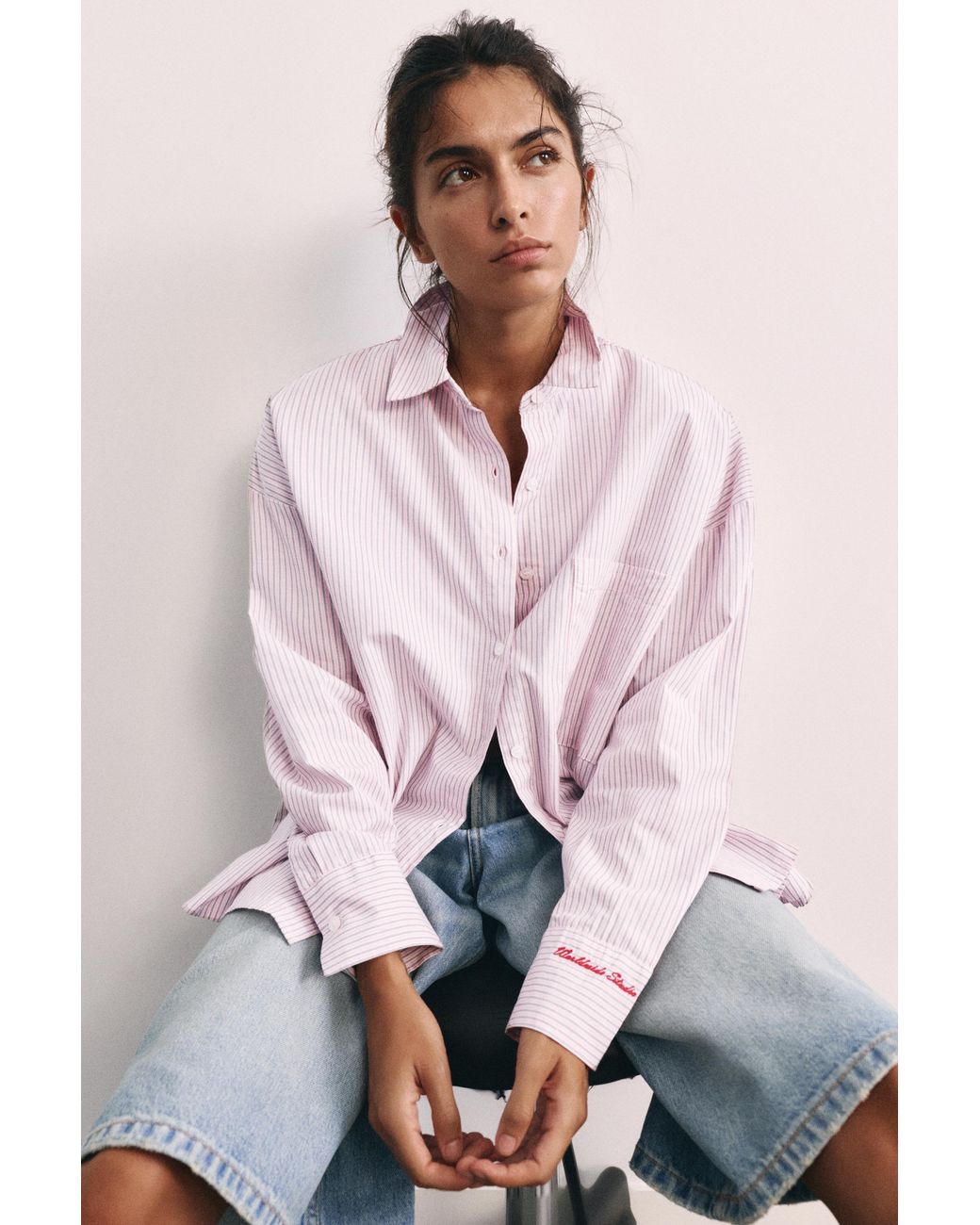 Pull&Bear Pink Embroidered Striped Shirt