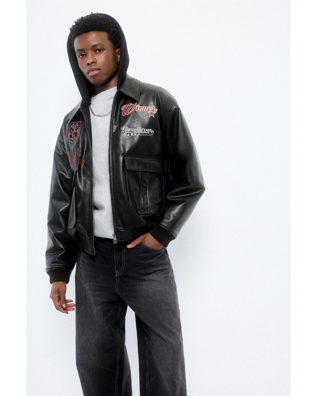 Pull&Bear Gray Combined Leather Effect Hooded Jacket for men