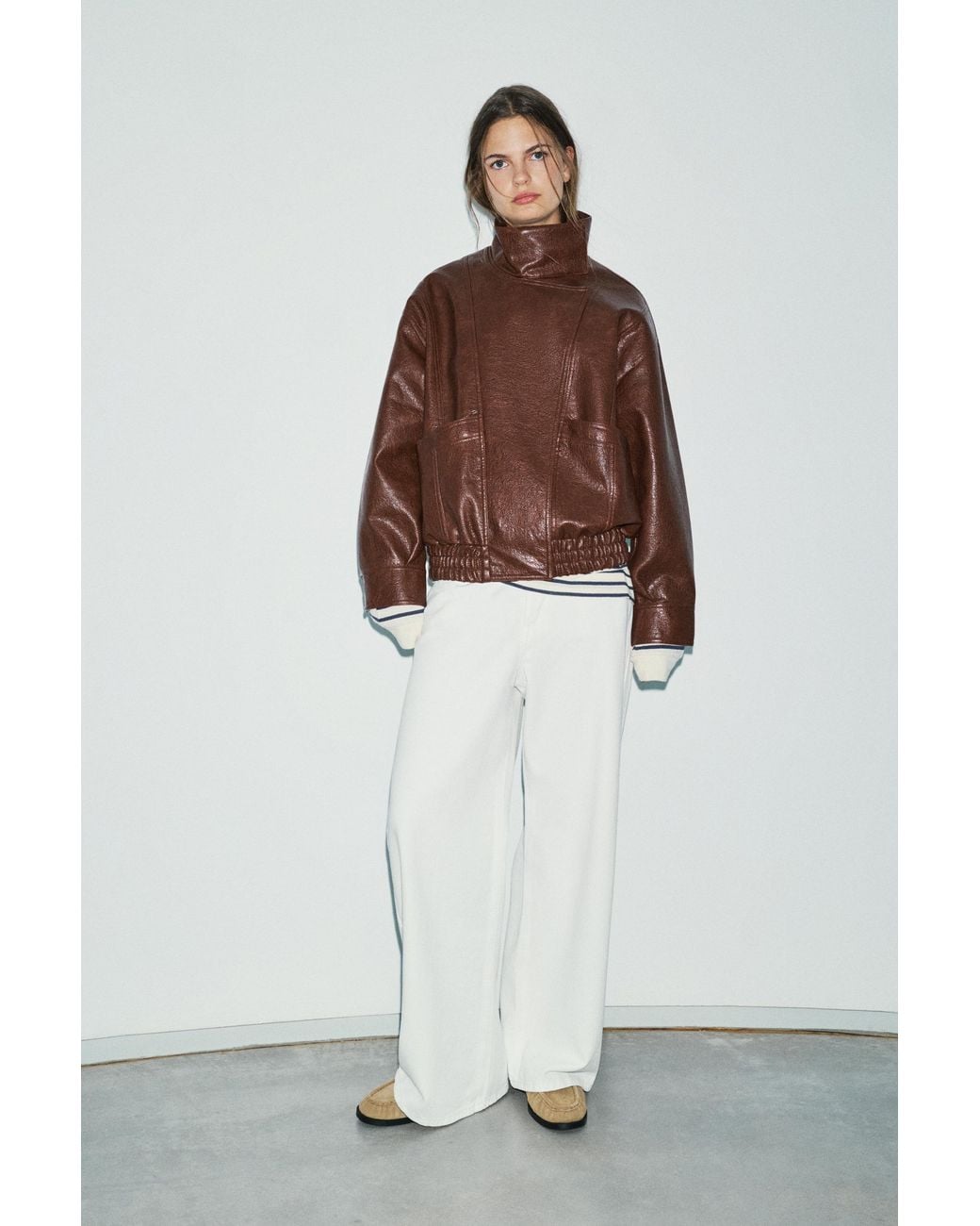 Pull&Bear Brown Leather Effect Jacket With High Neck