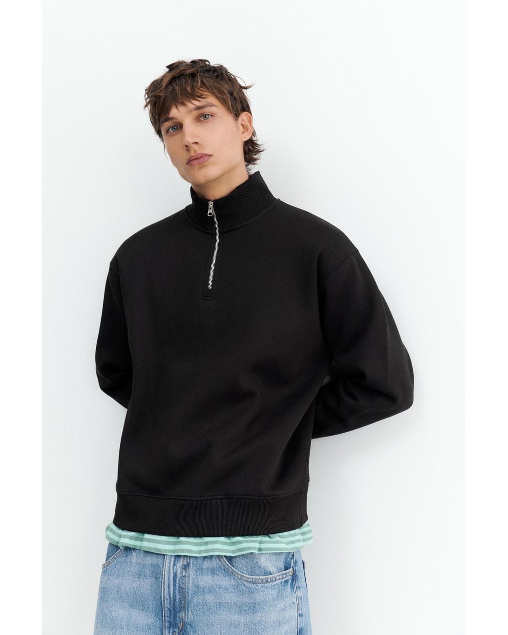 Pull&Bear Black Quarter-Zip Sweatshirt for men