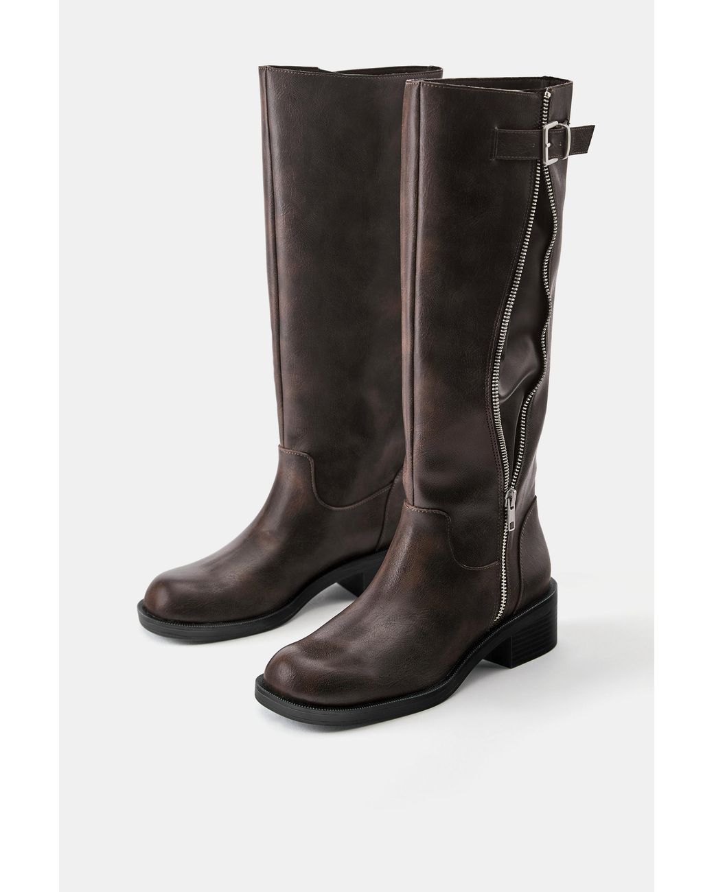 Pull&Bear Brown Decorative Zip Knee-High Boots