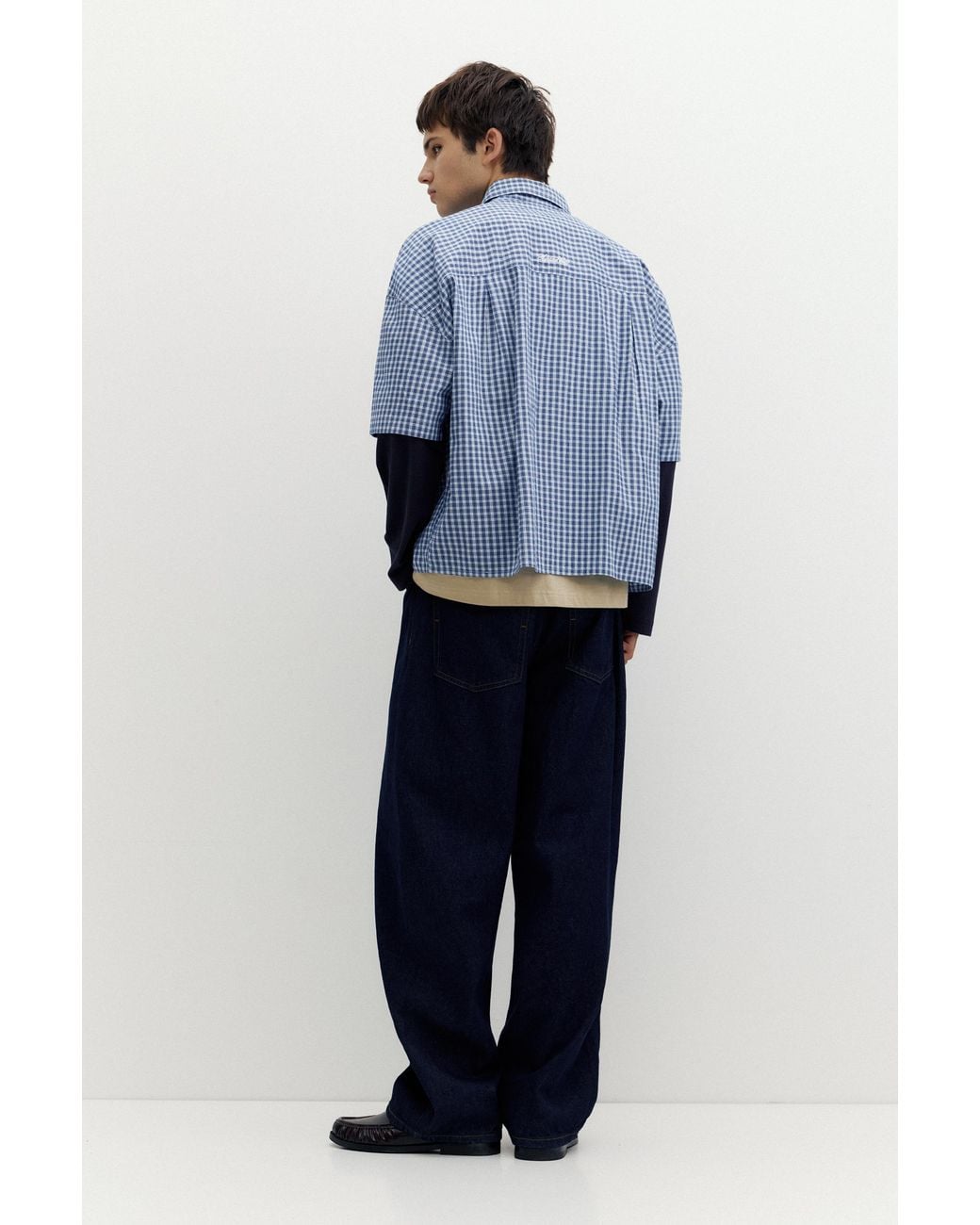 Pull&Bear Blue Check Double Sleeve Shirt for men