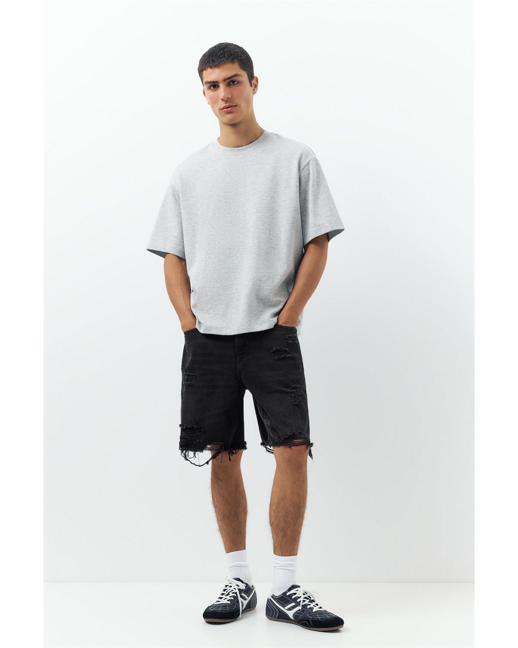 Pull&Bear Gray Straight-Leg Denim Bermuda Shorts for men