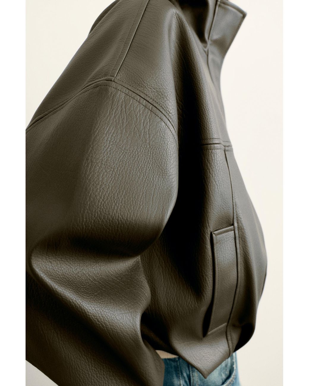 Pull&Bear Green Leather-Effect Balloon Bomber Jacket