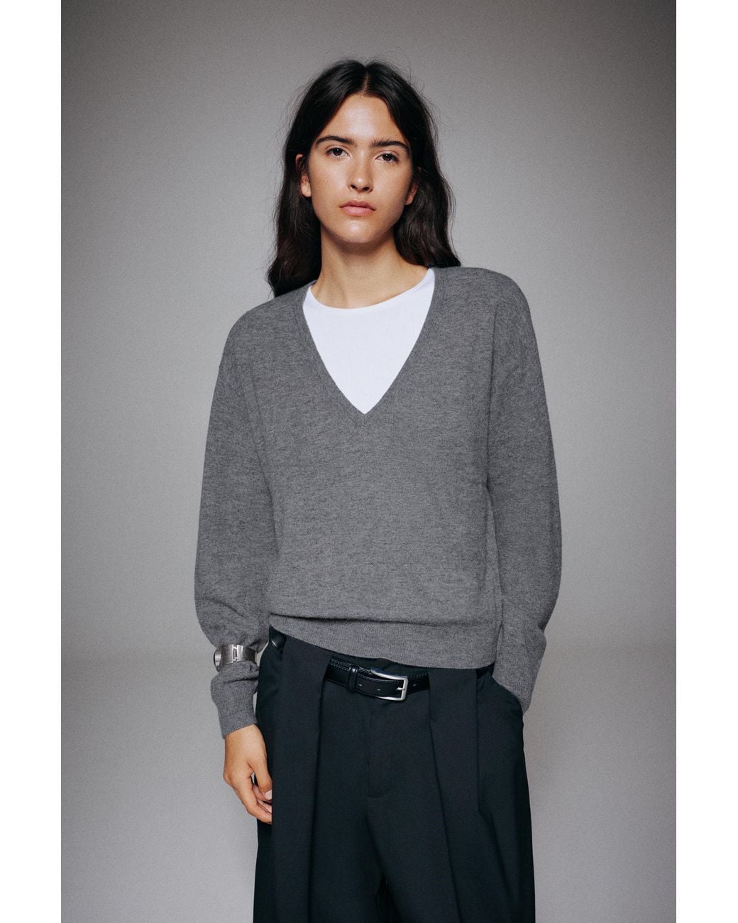 Pull&Bear Basis Trui Met V-Hals in het Gray