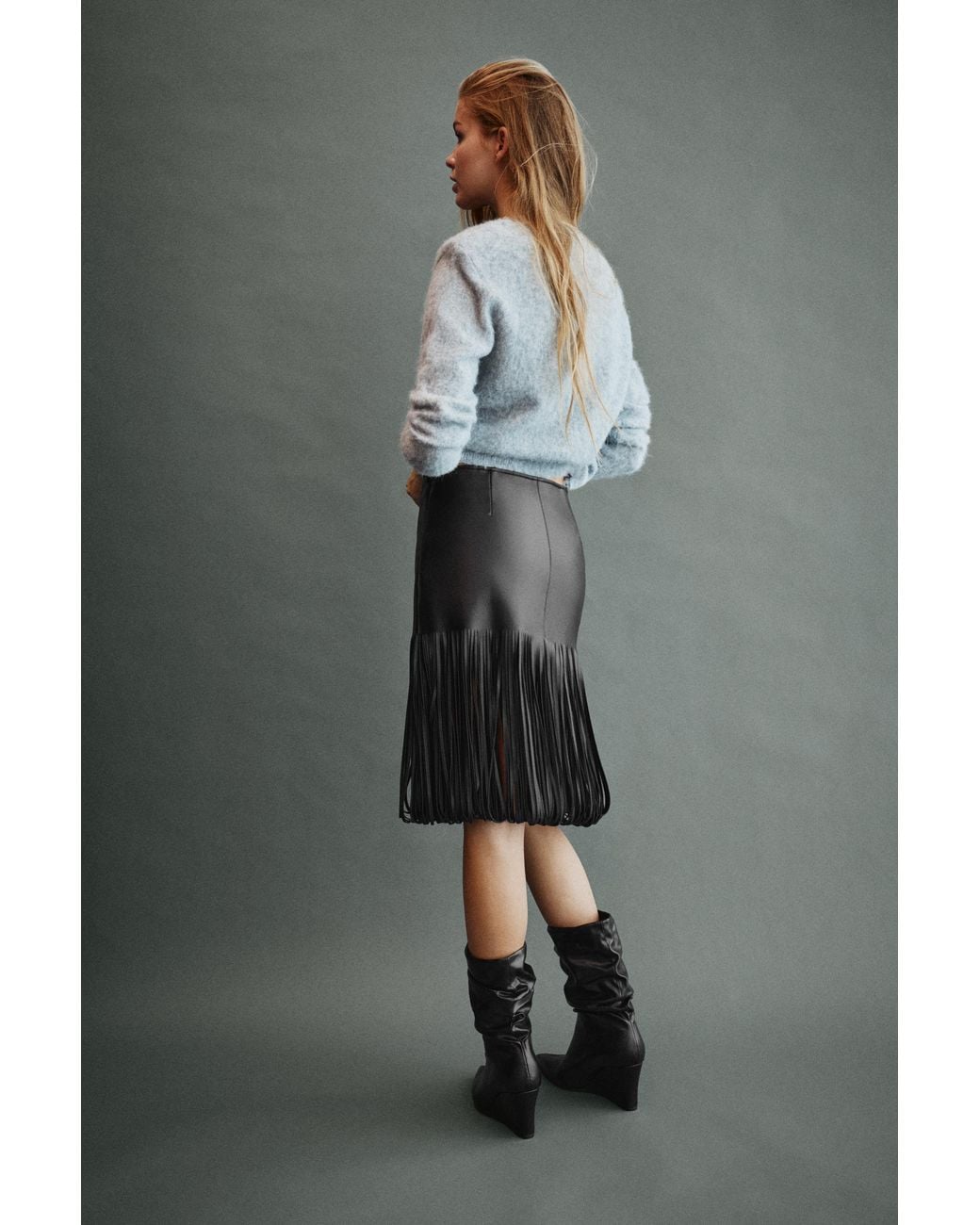 Pull&Bear Gray Leather Effect Fringe Skirt