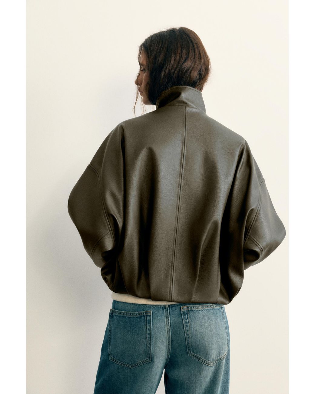 Pull&Bear Green Leather-Effect Balloon Bomber Jacket