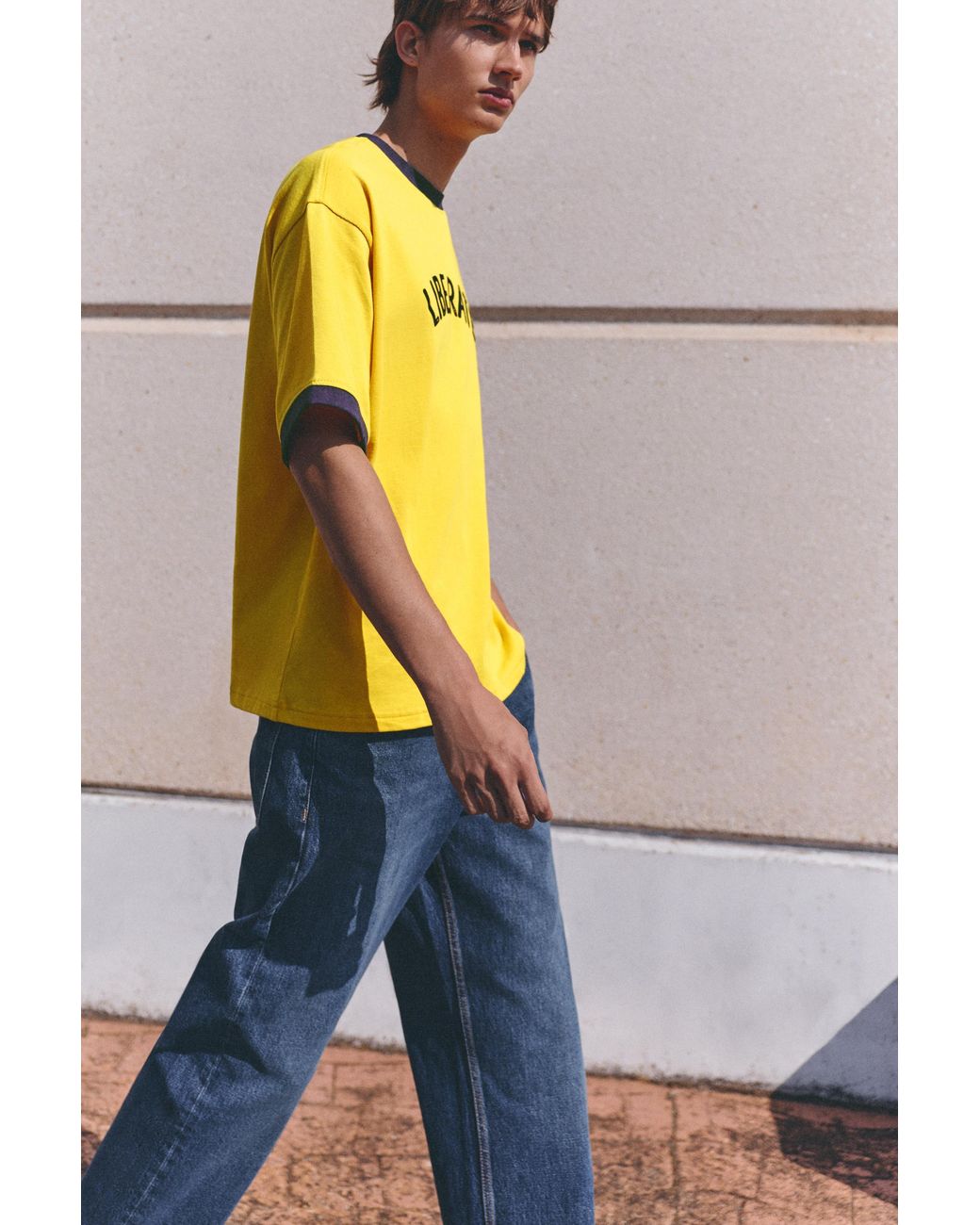 Pull&Bear Yellow Graphic Ribbed T-Shirt for men