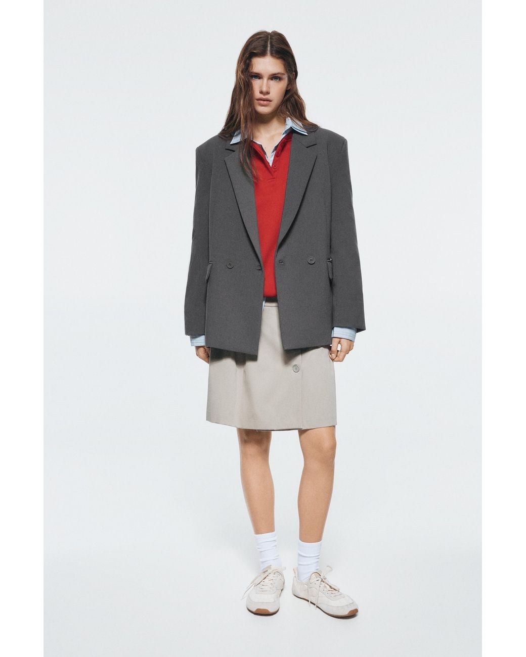 Pull&Bear Gray Double-Breasted Blazer