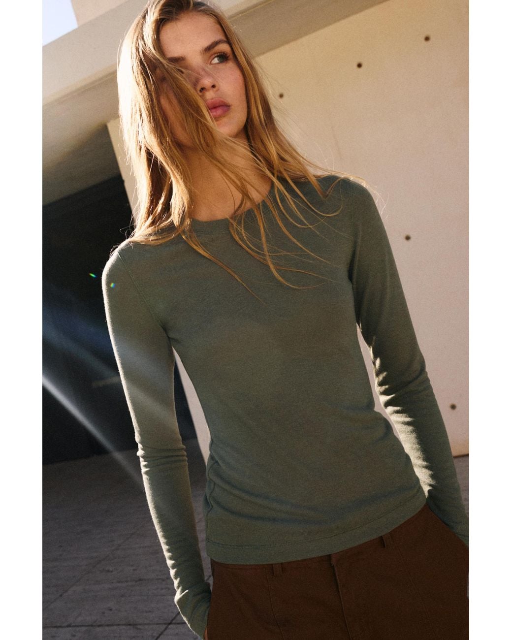 Pull&Bear Green Long Sleeve T-Shirt
