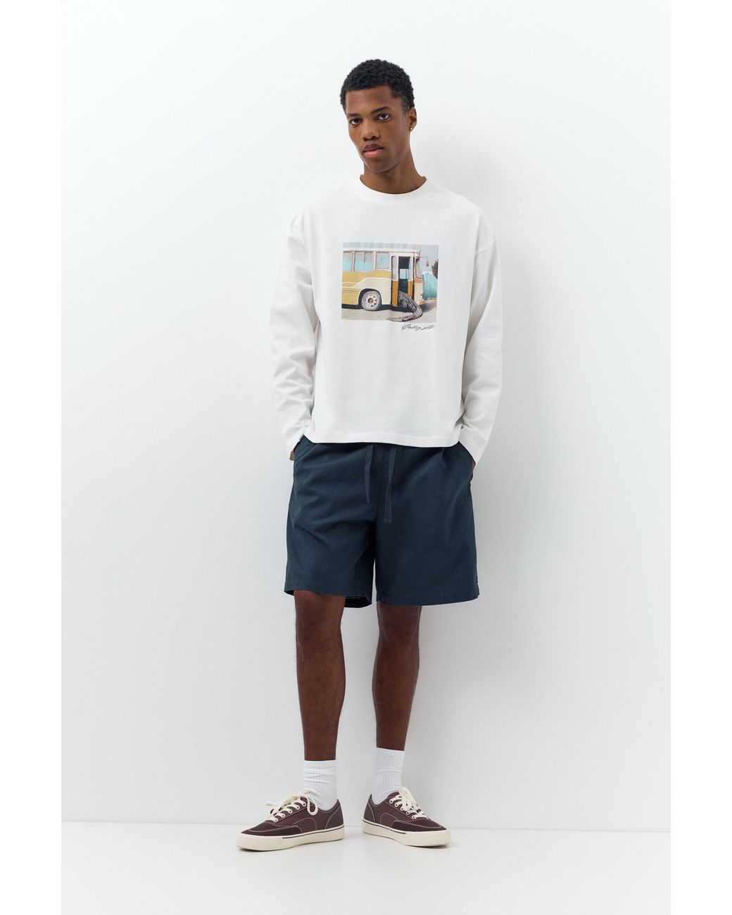 Pull&Bear Blue Linen Blend Bermuda Joggers for men
