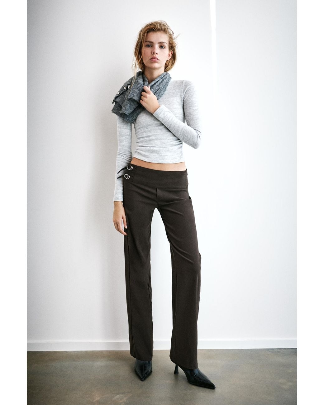 Pull&Bear Gray Straight-Leg Double Buckle Trousers