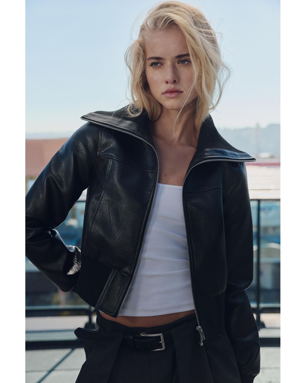 Pull&Bear Blue Leather-Effect Ribbed Jacket