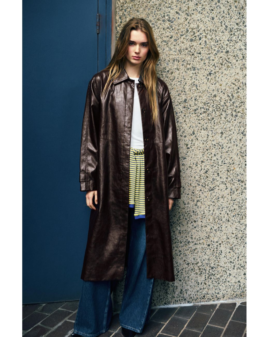 Pull&Bear Black Long Leather Effect Trench Coat
