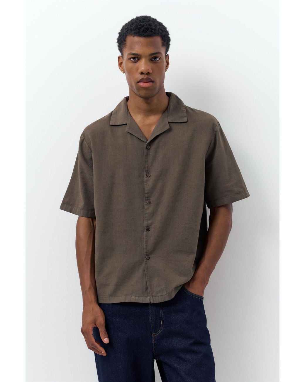 Pull&Bear Brown Short Sleeve Linen Blend Shirt for men