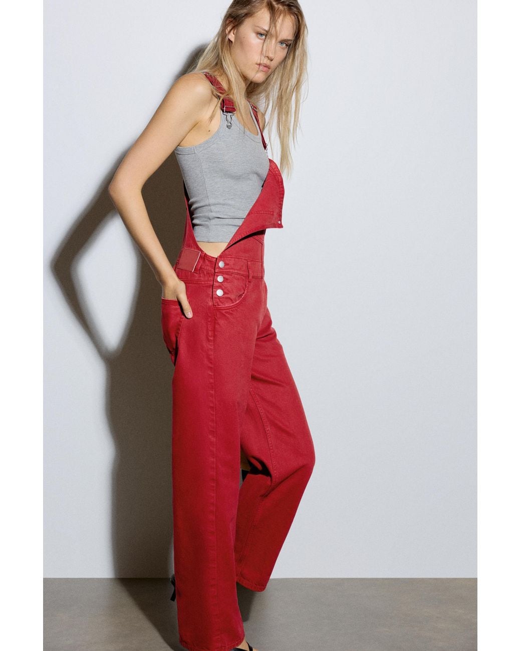 Pull&Bear Red Long Denim Dungarees