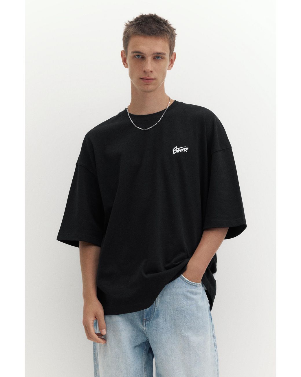 Pull&Bear Black Oversize Stwd T-Shirt for men