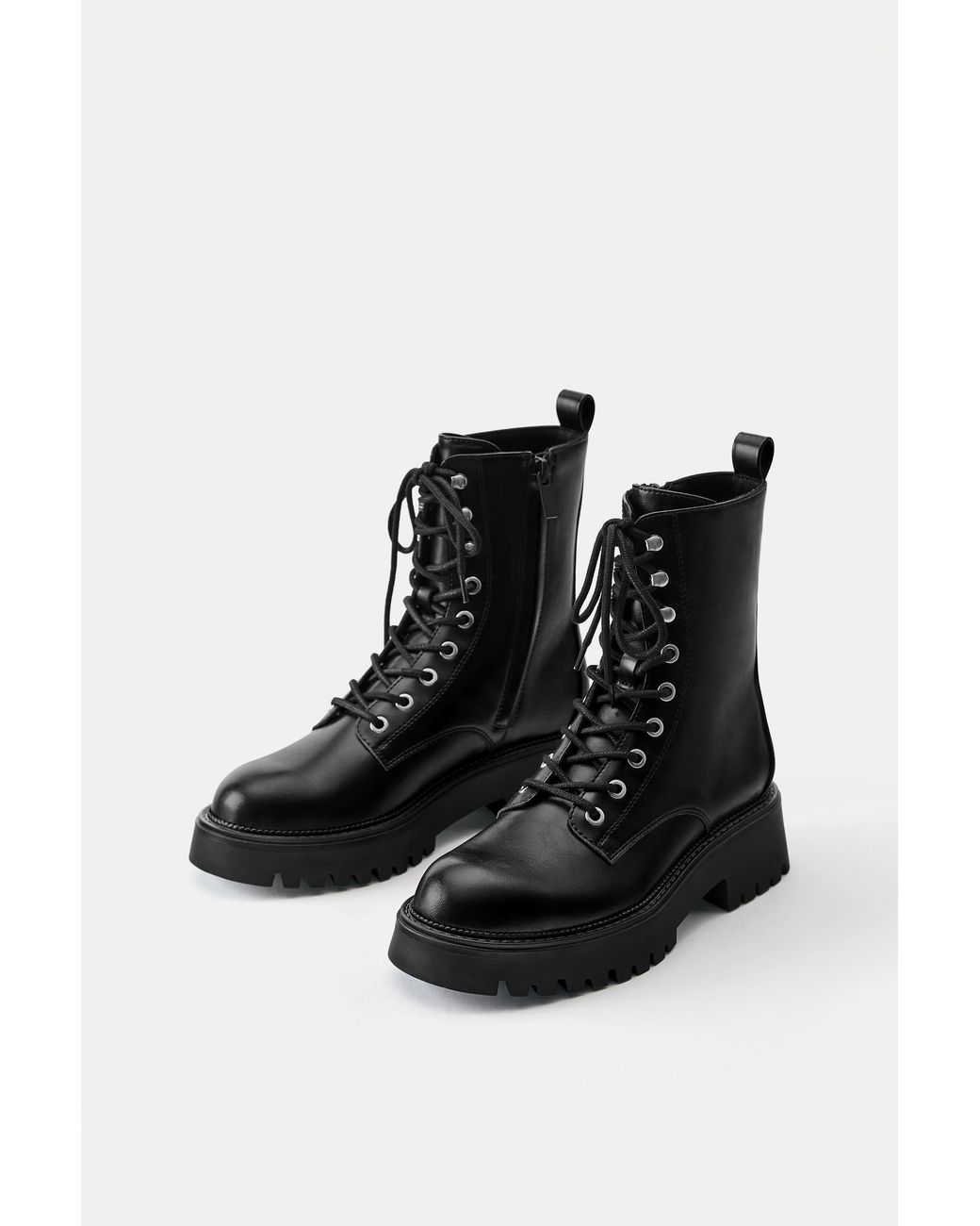 Pull&Bear Black Lace-Up Flat Ankle Boots