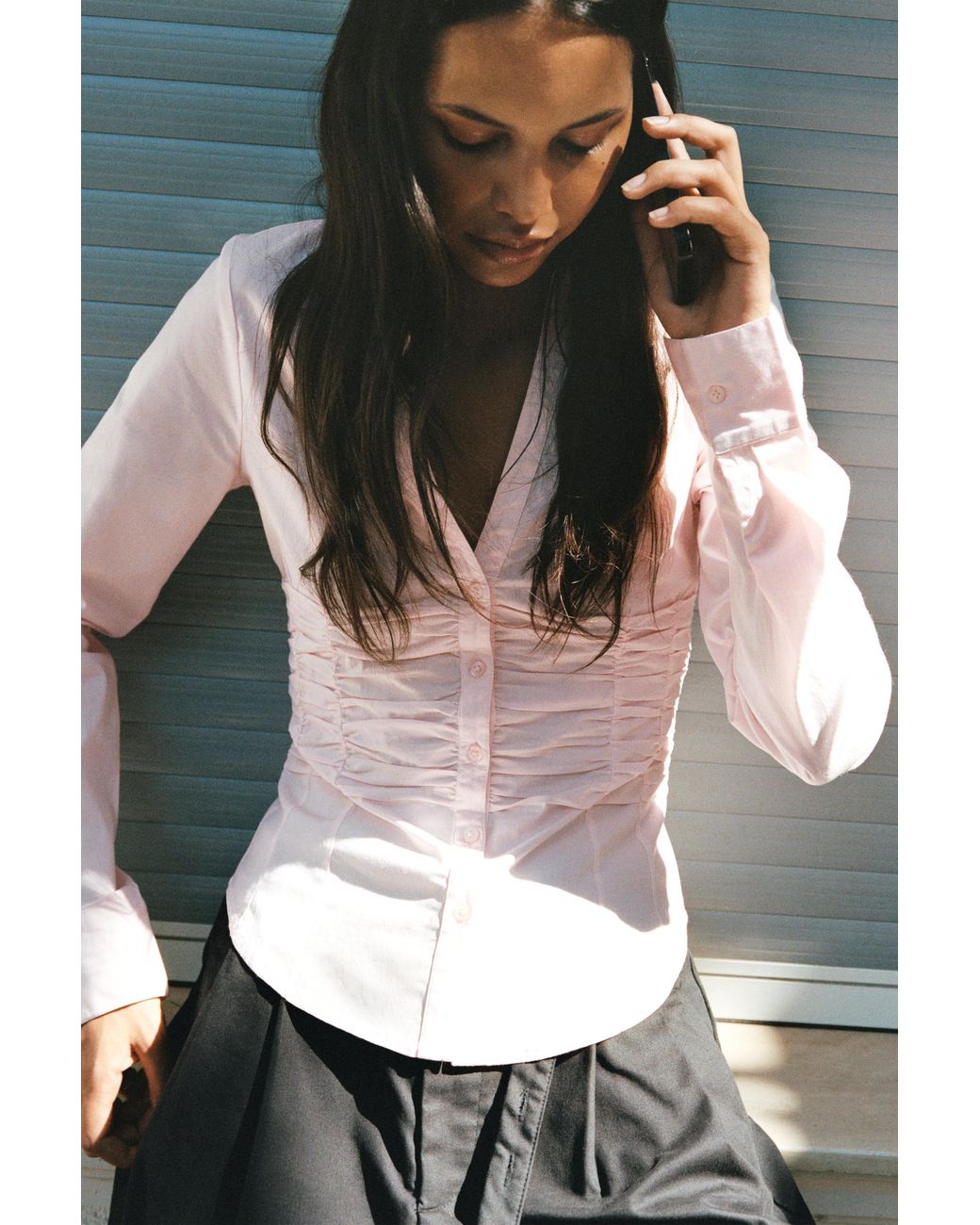 Pull&Bear Black Fitted Gathered Poplin Shirt
