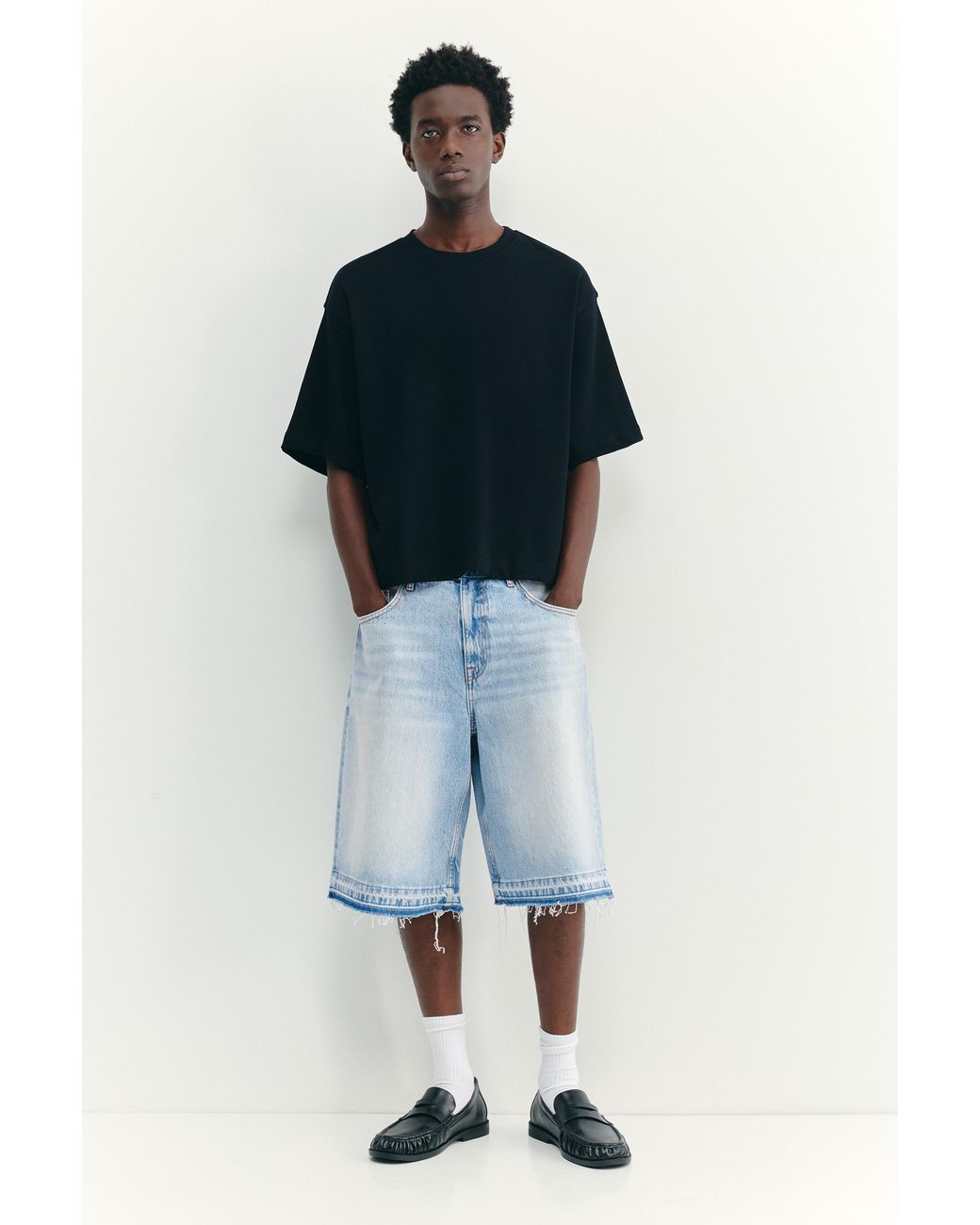 Pull&Bear Blue Raw Hem Skater Bermuda Shorts for men