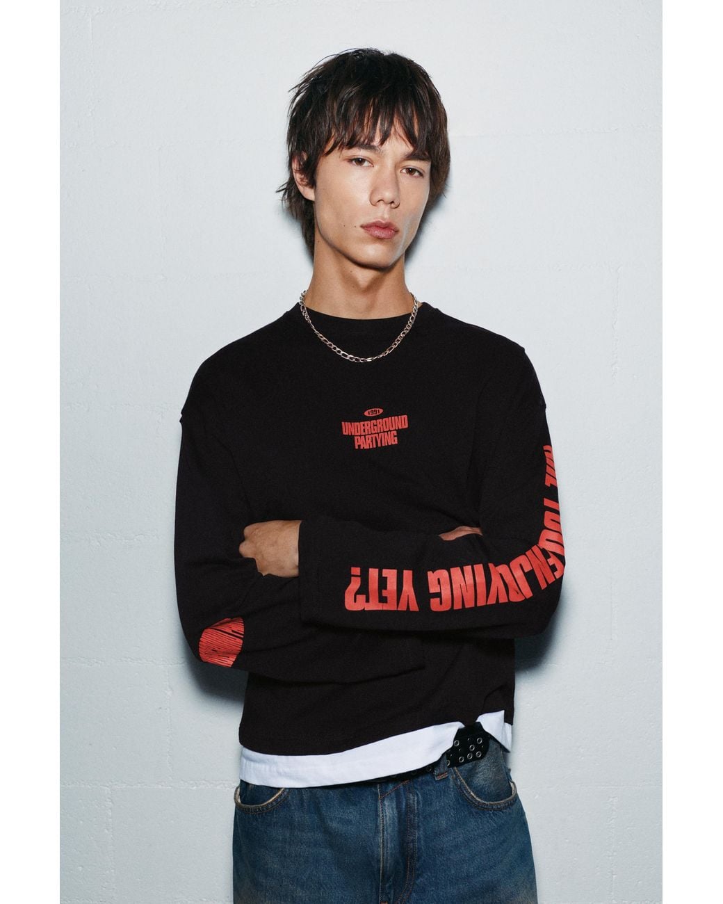 Pull&Bear Black Stwd Long Sleeve T-Shirt for men