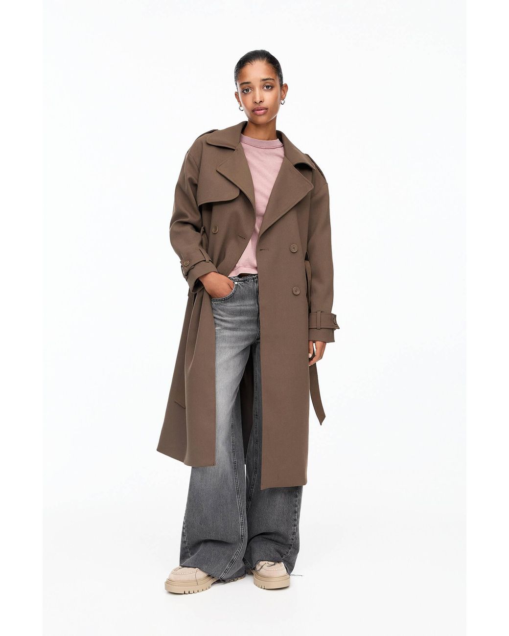 Pull&Bear Trench Coat With Belt in Brown Lyst UK