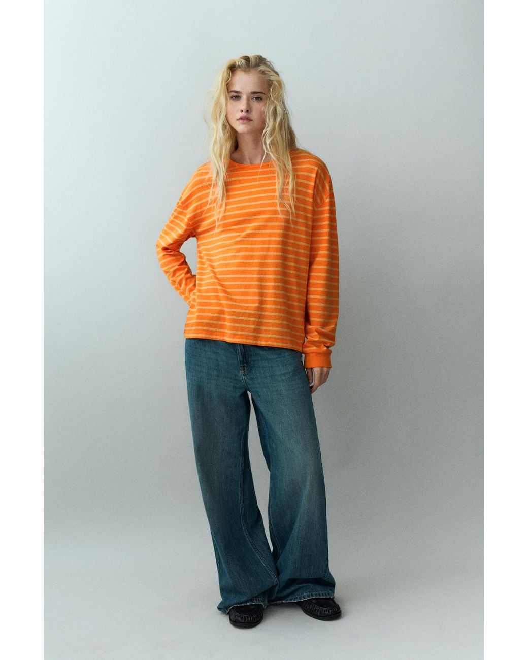 Pull&Bear Orange Striped Long Sleeve T-Shirt