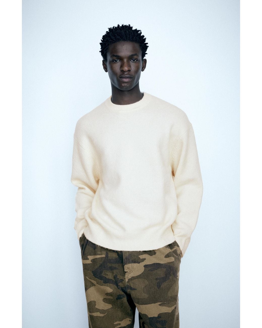 Pull&Bear White Basic Round Neck Jumper for men