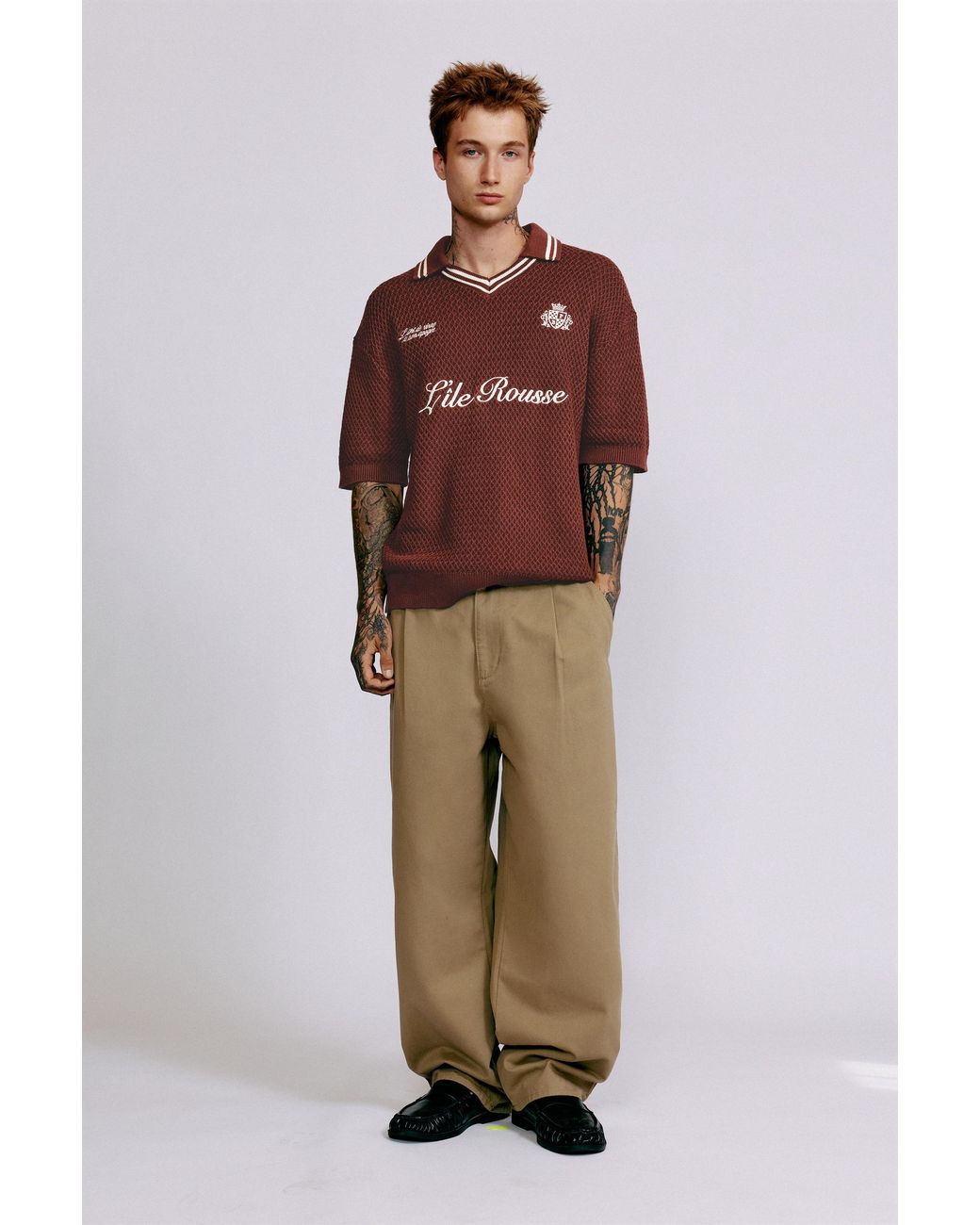 Pull&Bear Brown L'Île-Rousse Graphic Knit Polo Shirt for men