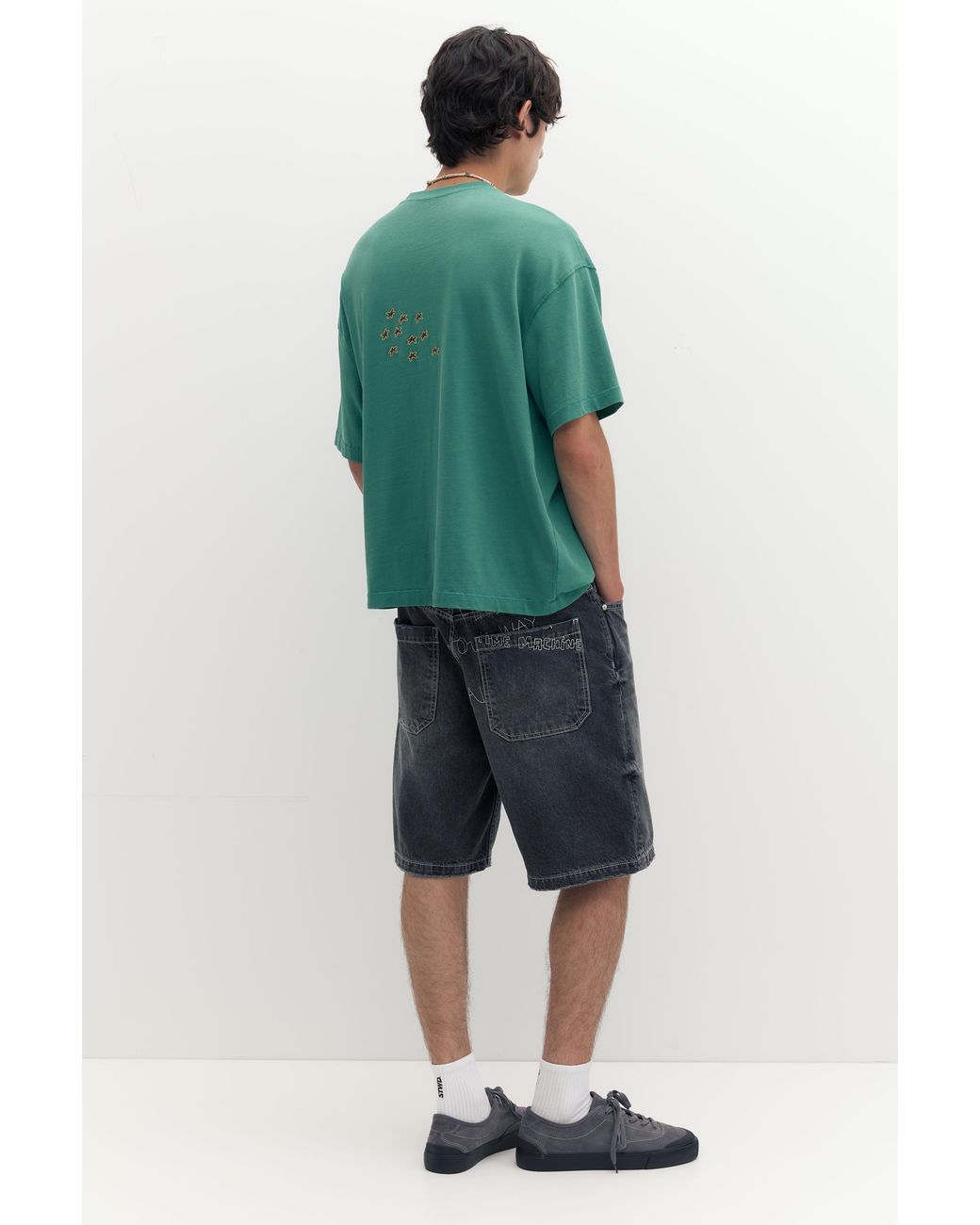 Pull&Bear Green Embroidered Baggy Denim Bermuda Shorts for men