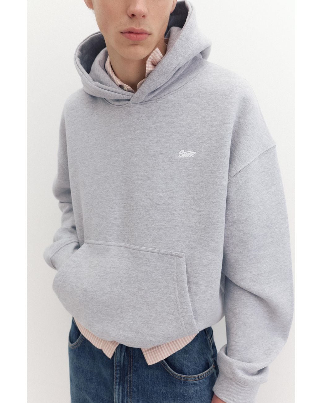 Pull&Bear Gray Stwd Logo Boxy Hoodie for men