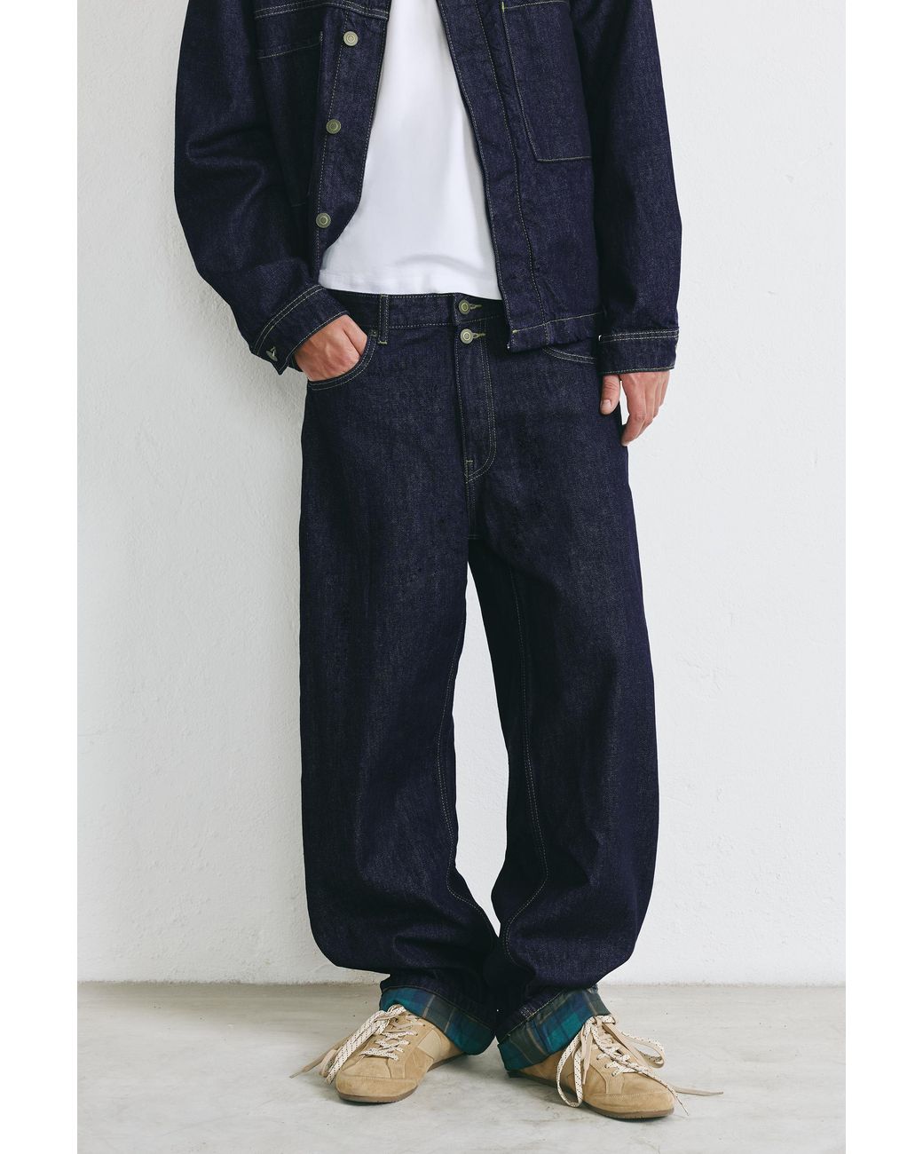 Pull&Bear Blue Checked Turn-Up Hem Jeans for men