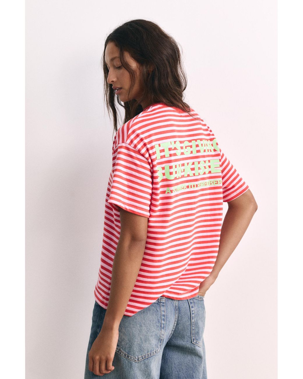 Pull&Bear Red Striped Text T-Shirt
