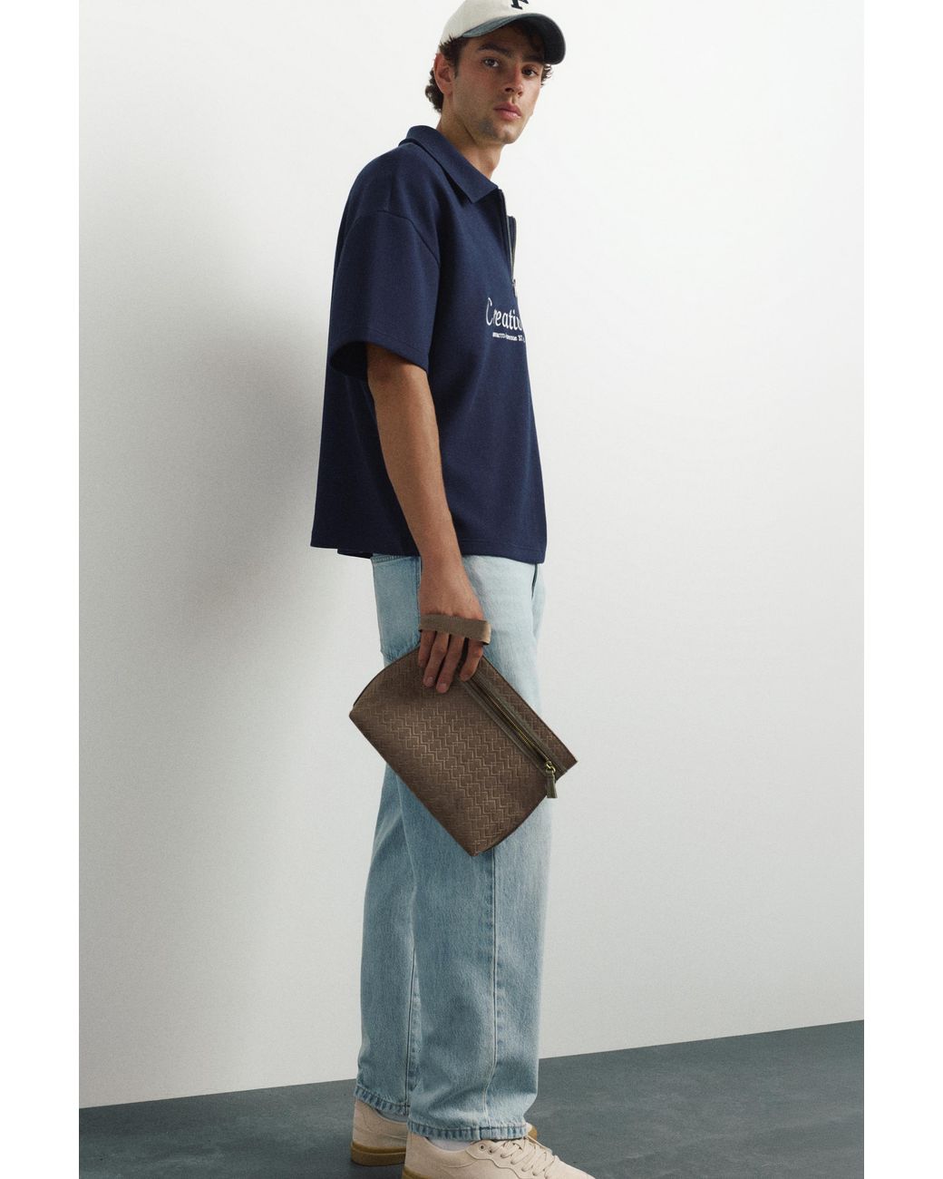 Pull&Bear Blue Embossed Handle Clutch Bag for men