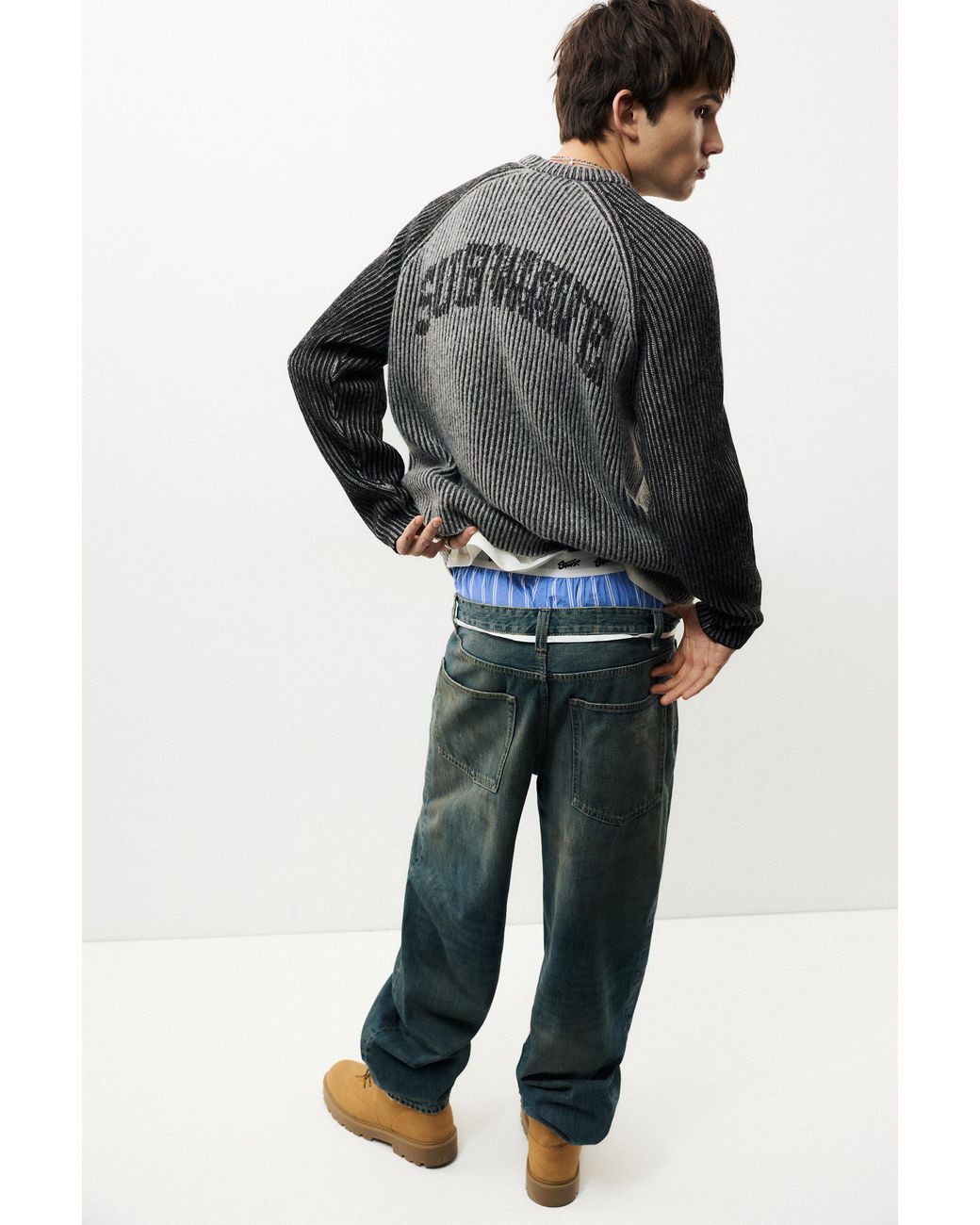 Pull Côtelé À Manches Raglan Pull&Bear pour homme en coloris Gray